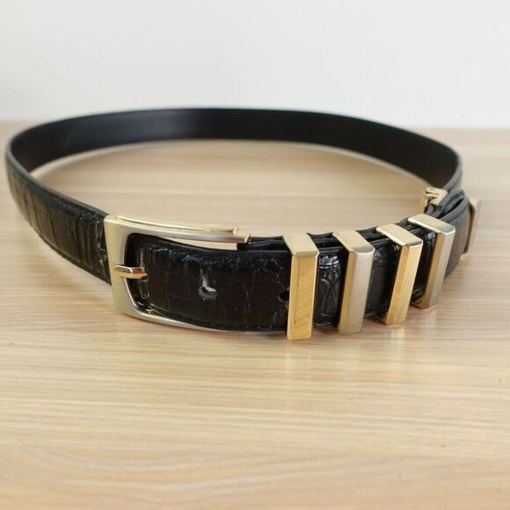 Studded Crocodile Leather Dress Belt 36 Black Embossed Croco MEDIUM Brass Buckle